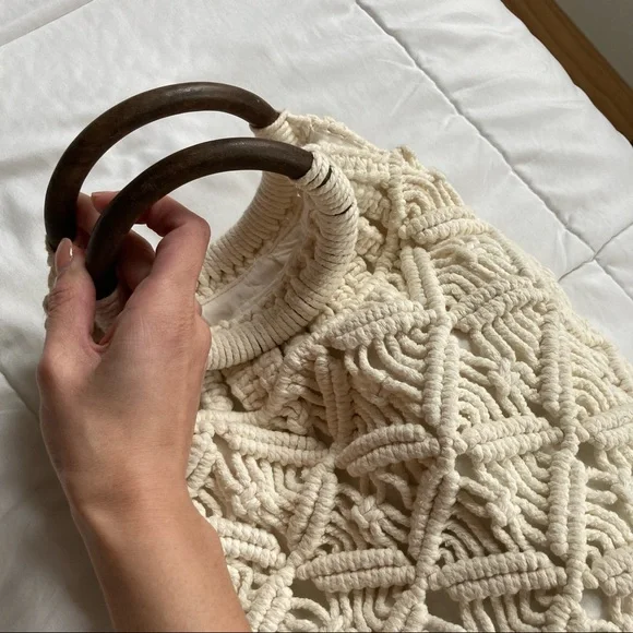 Handmade Vintage Bohemian Wooden Handle Crochet and Canvas Handbag - Picture 3 of 5